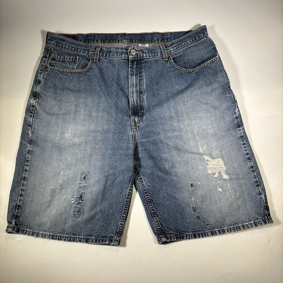 LEVI'S 569 Blue Denim Shorts Loose Straight Mens W42 Trashed Distressed Baggy - Picture 1 of 7